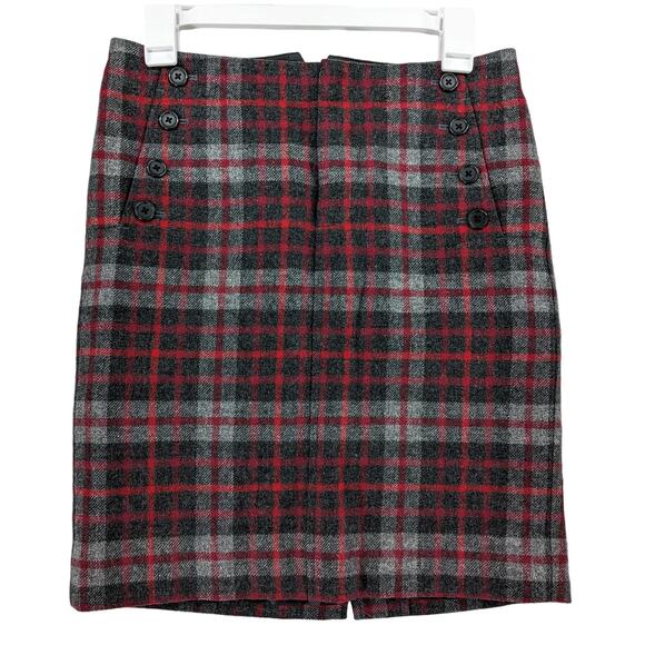 Gap Plaid Pencil Skirt Sailor 0 Red Black Gray Front Zip Buttons Mini Wool Blend - Picture 1 of 11